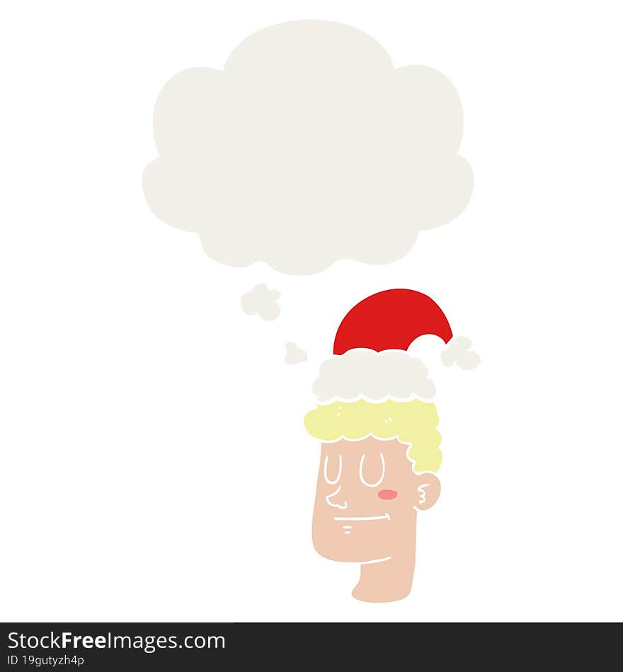 cartoon man wearing christmas hat and thought bubble in retro style