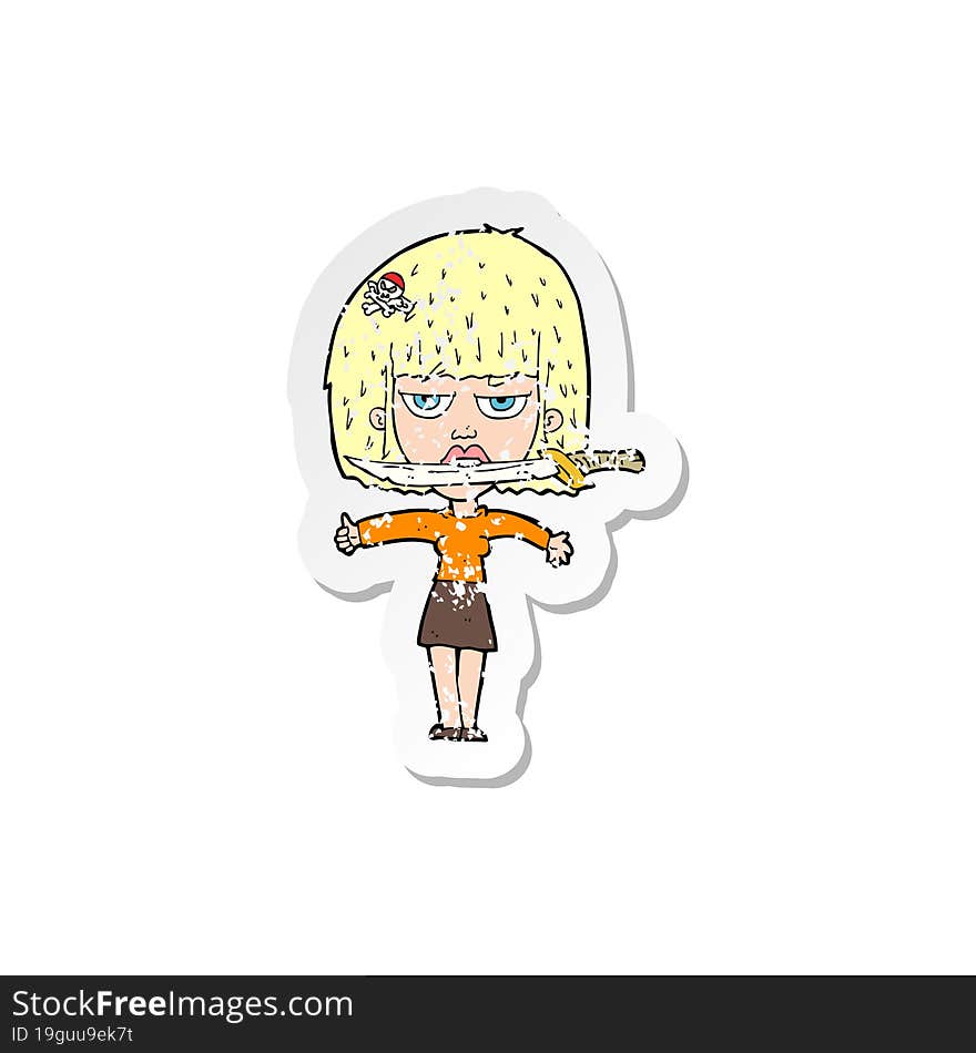 Retro Distressed Sticker Of A Cartoon Woman With Knife Between Teeth