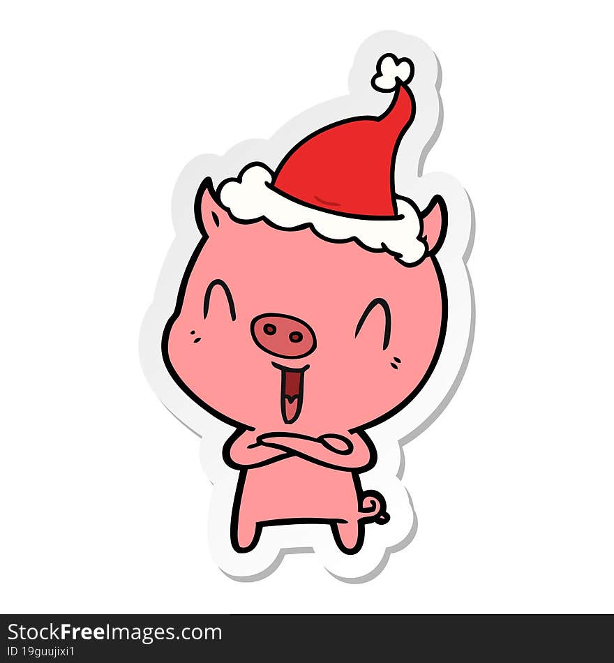 happy sticker cartoon of a pig wearing santa hat