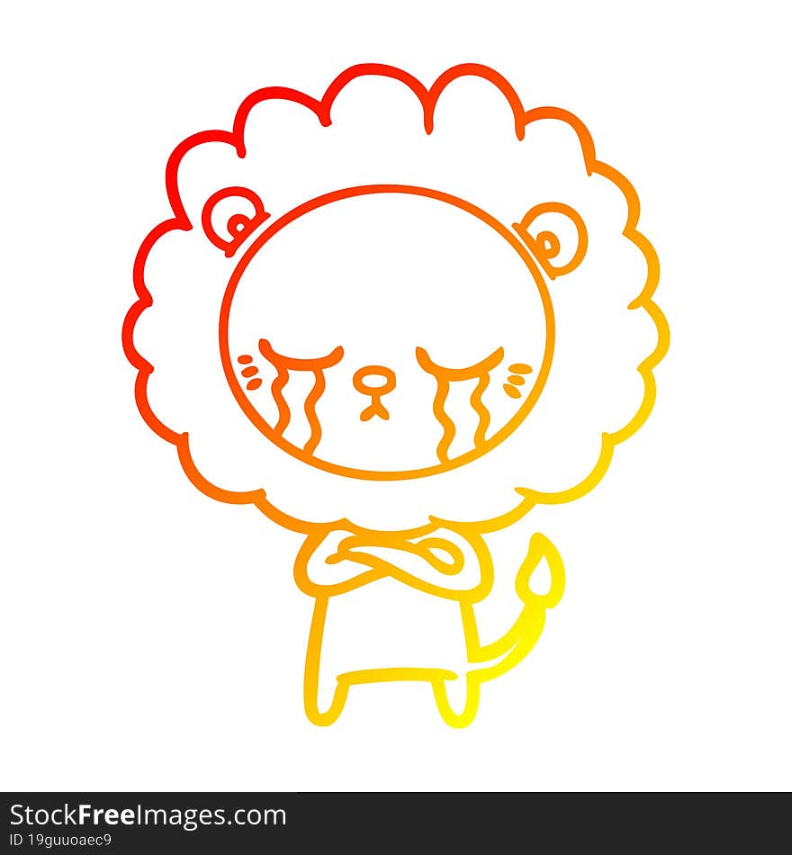 warm gradient line drawing of a crying cartoon lion