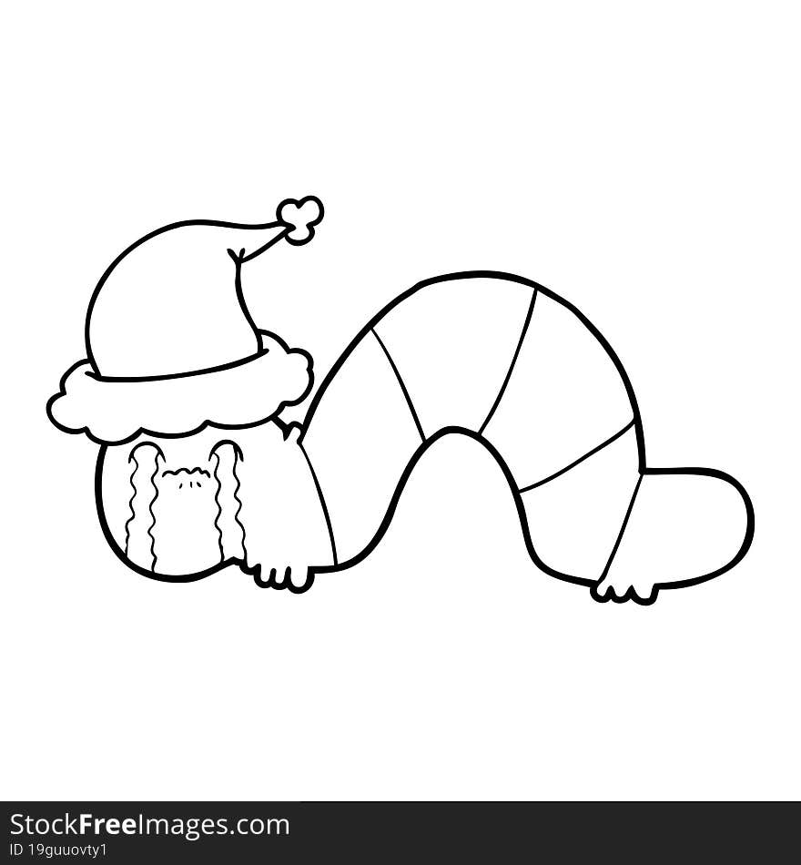 line drawing of a caterpillar obsessing over his regrets wearing santa hat