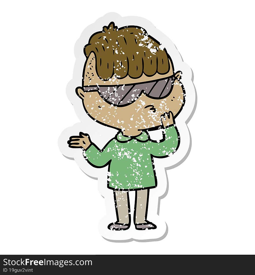 distressed sticker of a cartoon boy wearing sunglasses