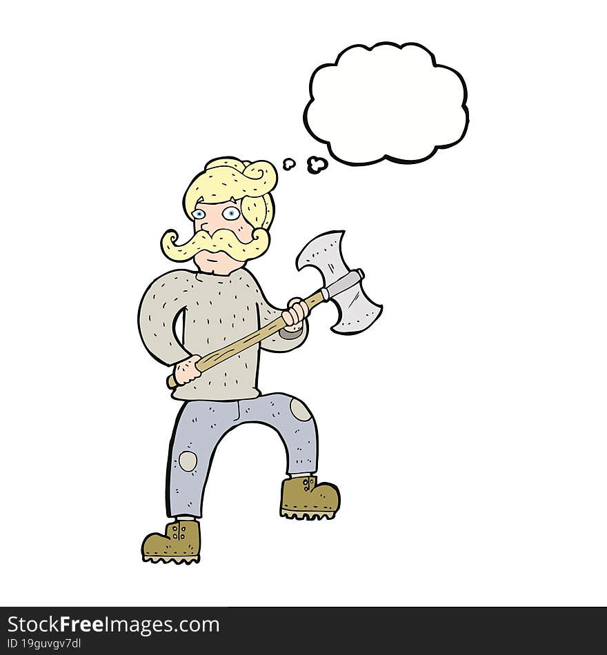 cartoon man with axe with thought bubble