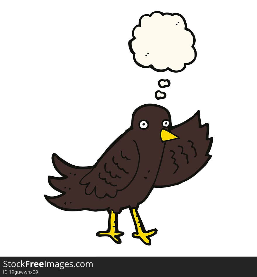 cartoon waving bird with thought bubble