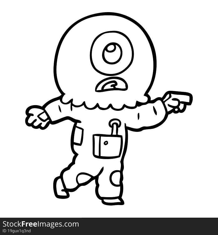 cartoon cyclops alien spaceman pointing. cartoon cyclops alien spaceman pointing