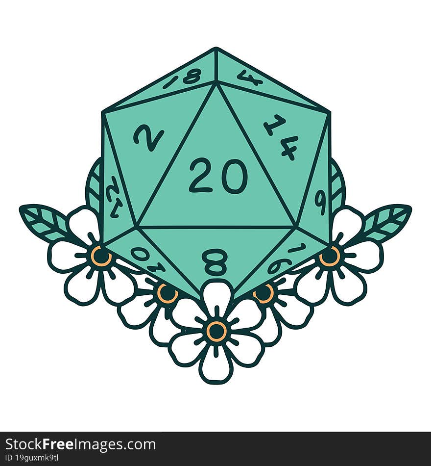 natural 20 D20 dice roll with floral elements illustration