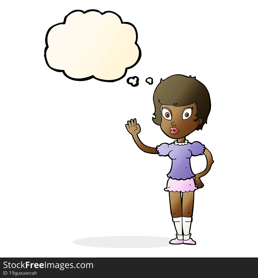 cartoon pretty girl waving with thought bubble