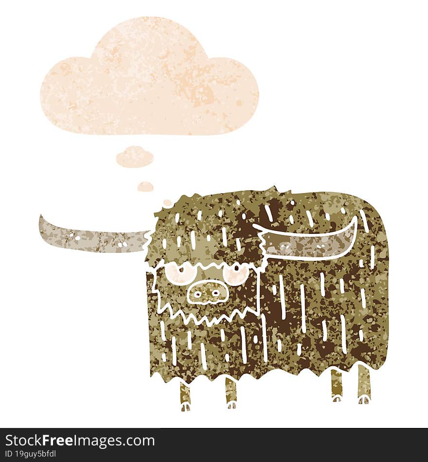 cartoon hairy cow and thought bubble in retro textured style