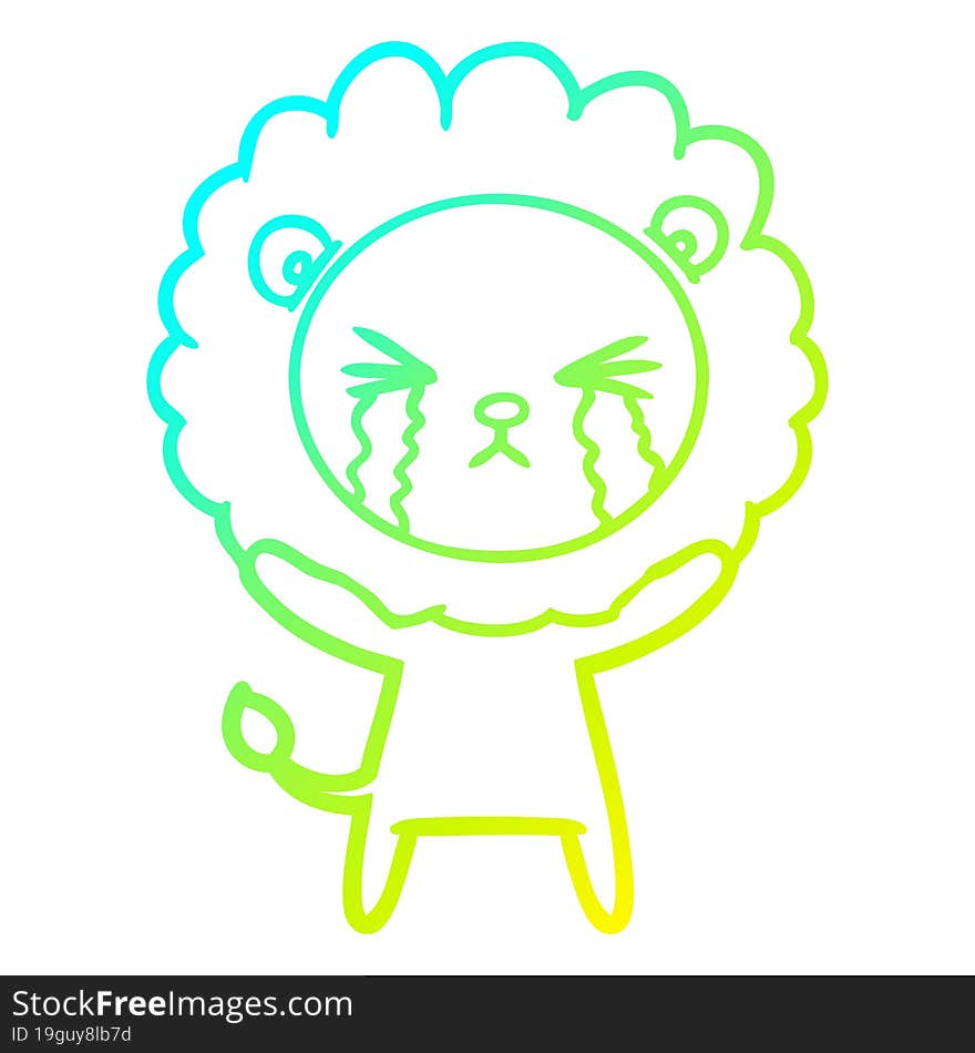 cold gradient line drawing of a cartoon crying lion