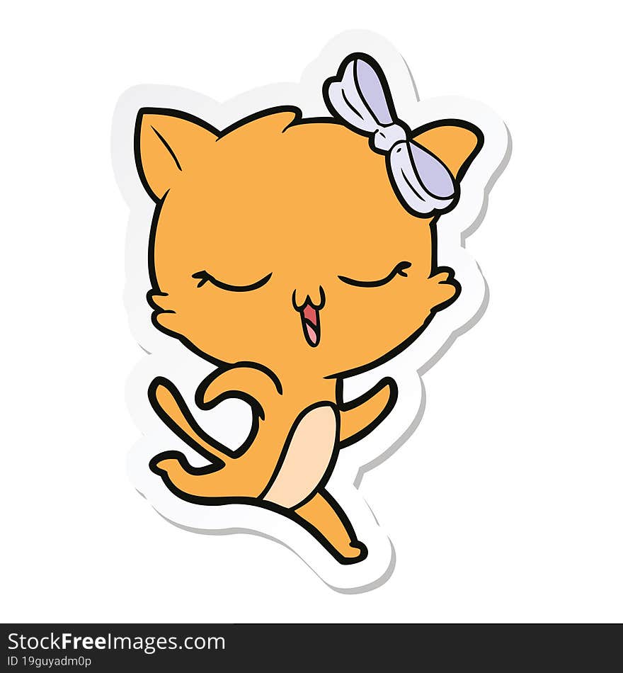 Sticker Of A Cartoon Cat With Bow On Head