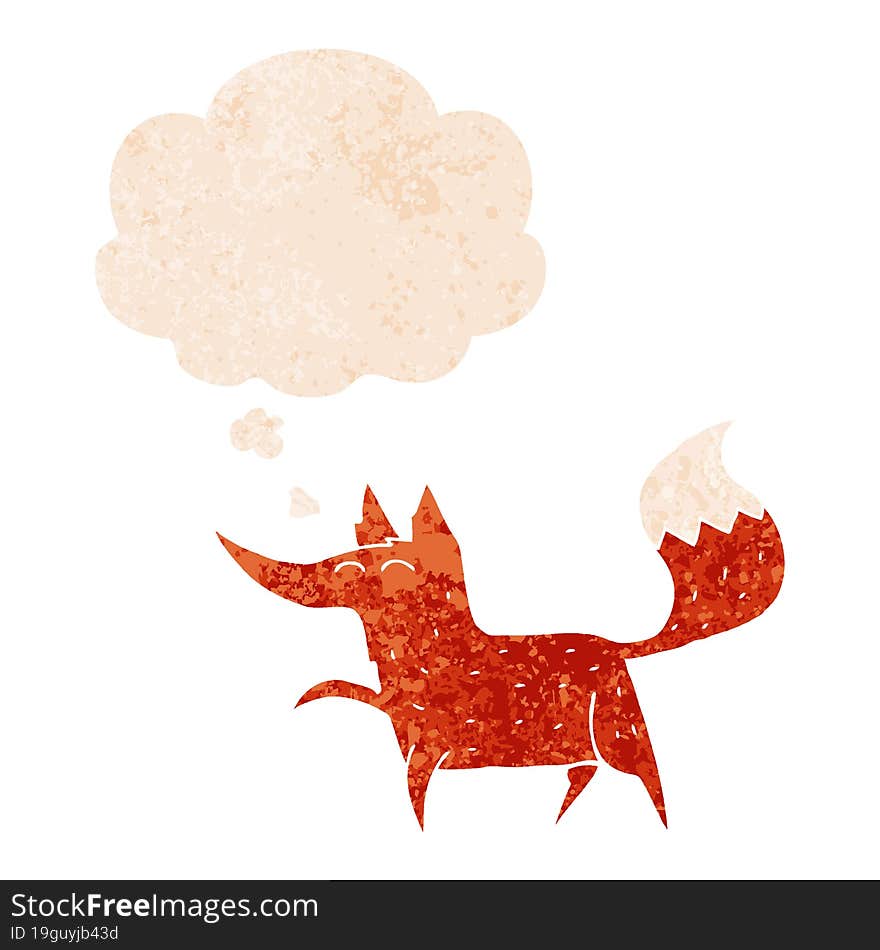 cartoon fox and thought bubble in retro textured style