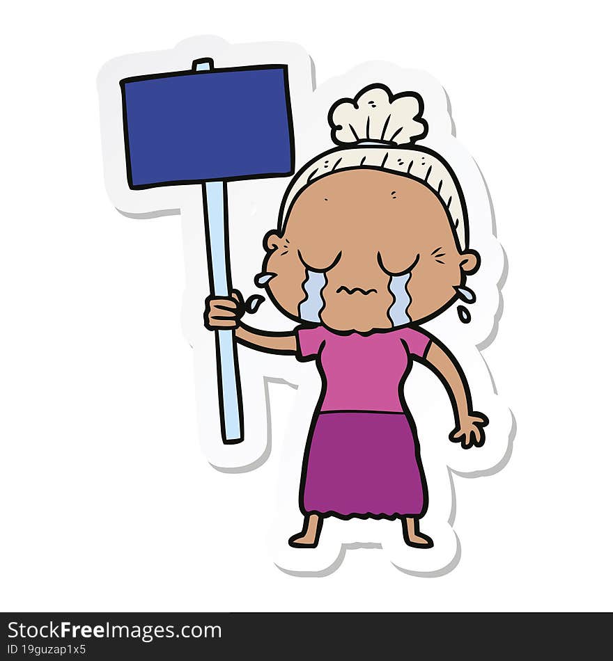 sticker of a cartoon old woman crying while protesting