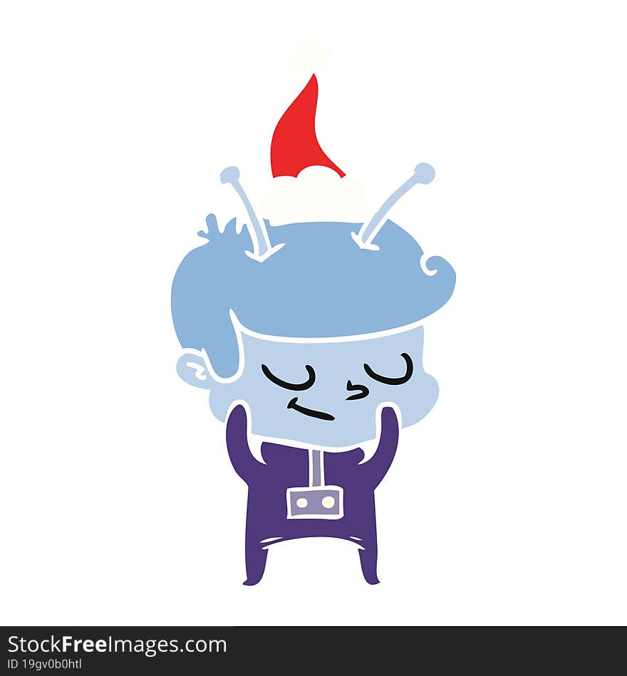 shy flat color illustration of a spaceman wearing santa hat