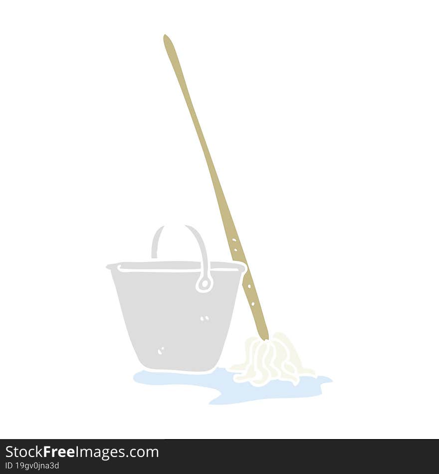 flat color illustration of a cartoon mop and bucket