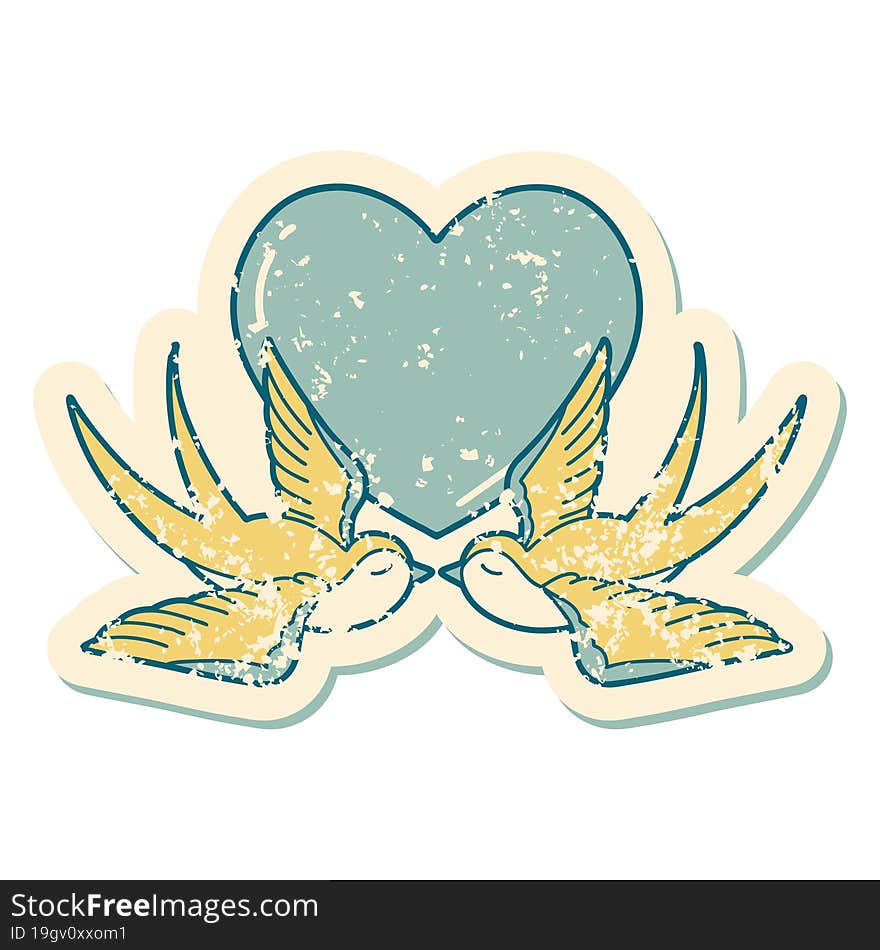 Distressed Sticker Tattoo Style Icon Of A Swallows And A Heart