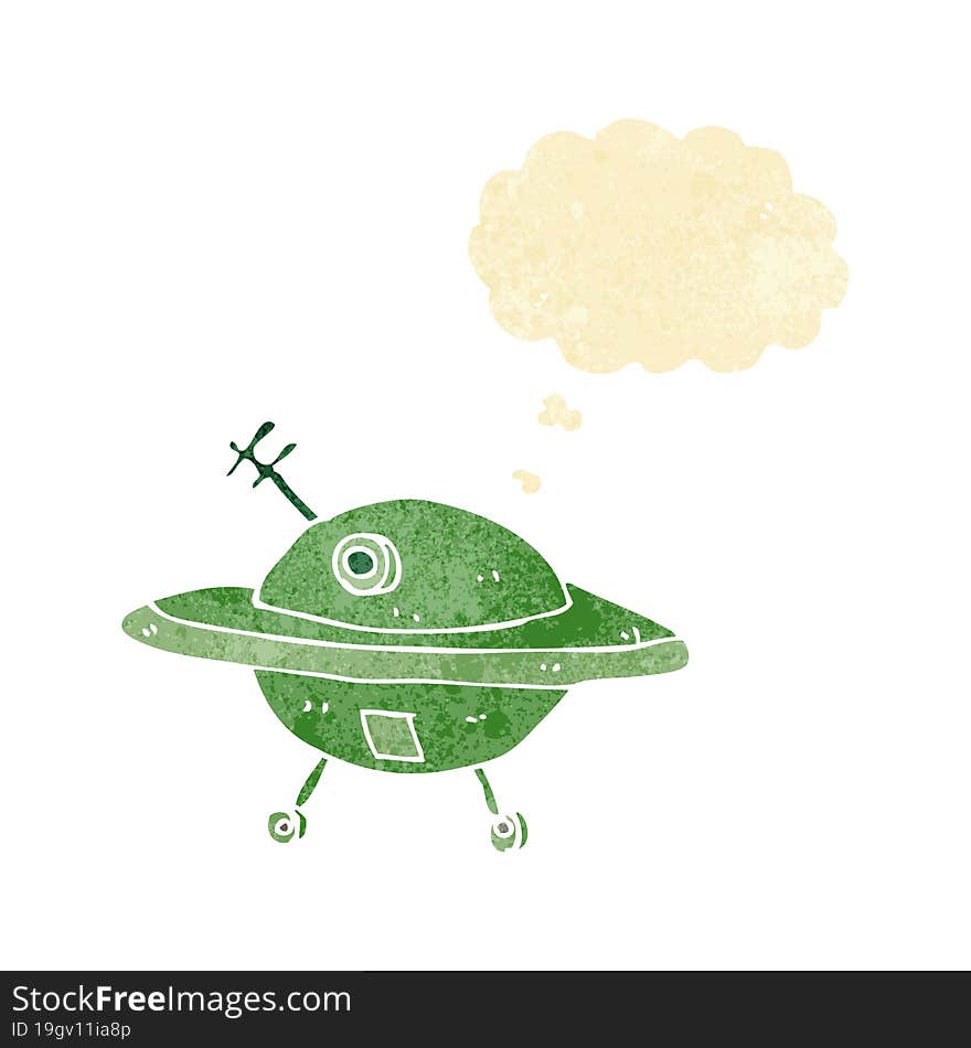 cartoon flying saucer with thought bubble