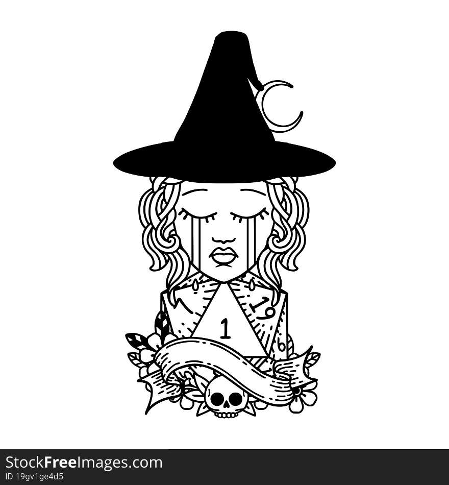 Black and White Tattoo linework Style crying human witch with natural D20 roll. Black and White Tattoo linework Style crying human witch with natural D20 roll