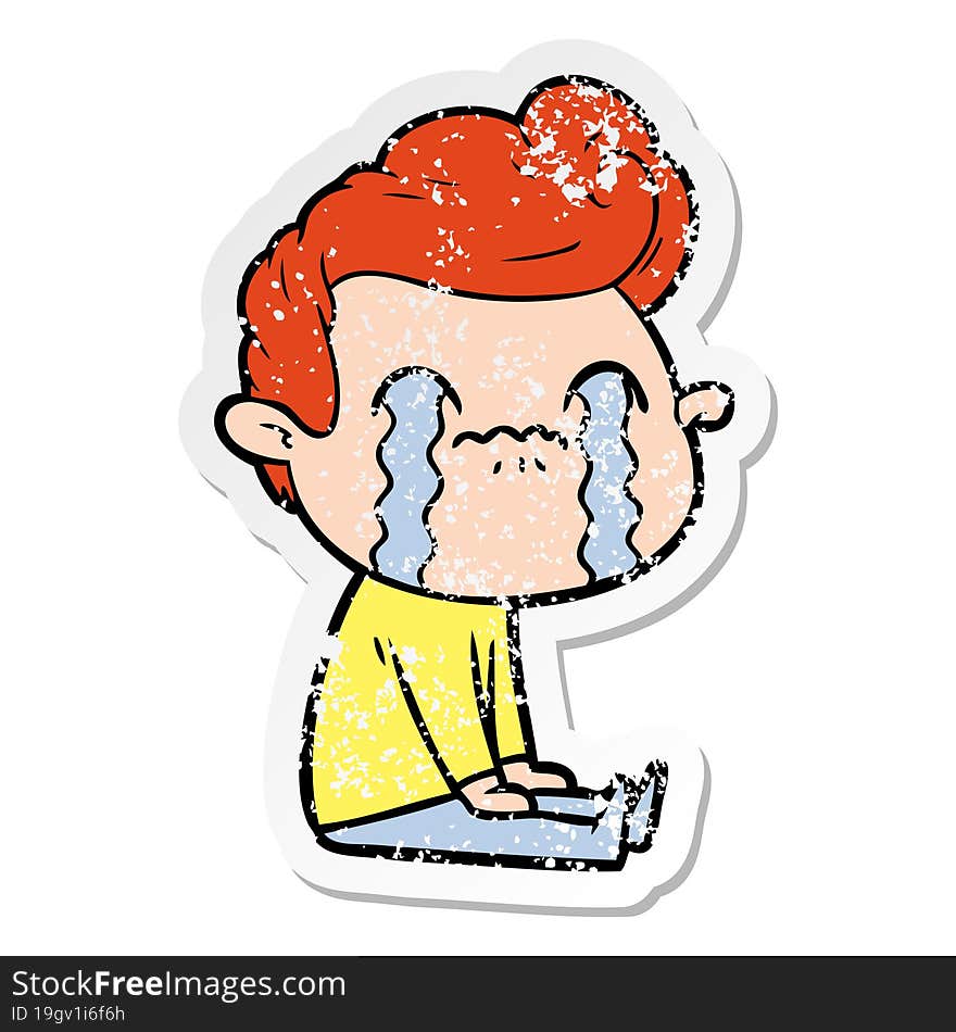 distressed sticker of a cartoon man crying