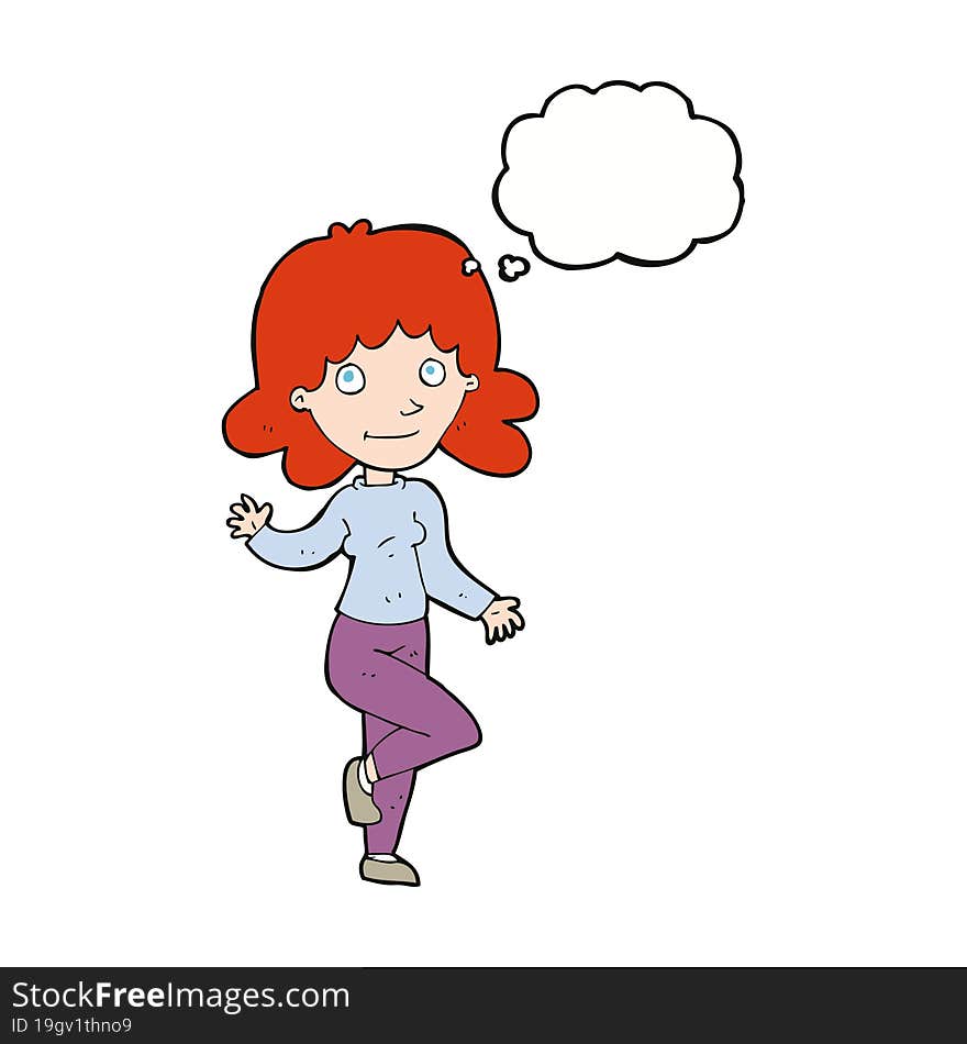 cartoon friendly woman waving with thought bubble