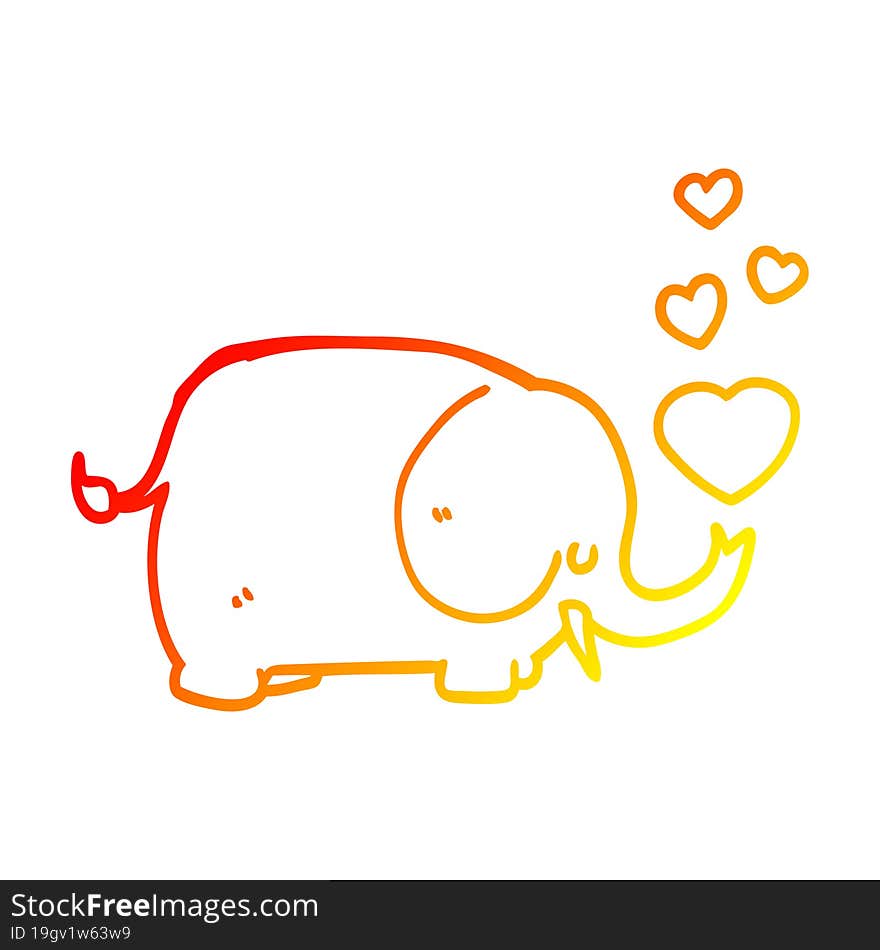 warm gradient line drawing of a cute cartoon elephant with love hearts