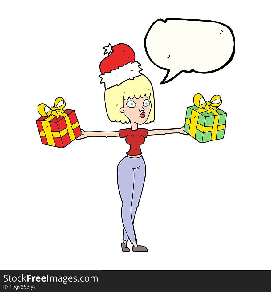 speech bubble cartoon woman with xmas presents