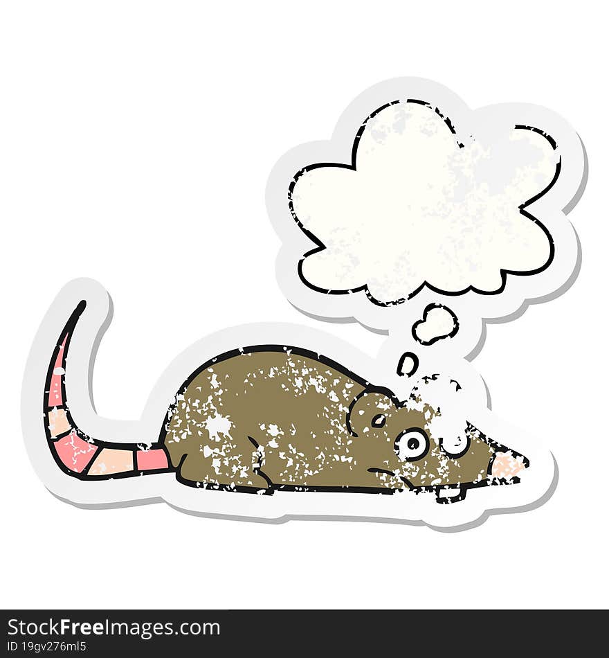 cartoon mouse and thought bubble as a distressed worn sticker