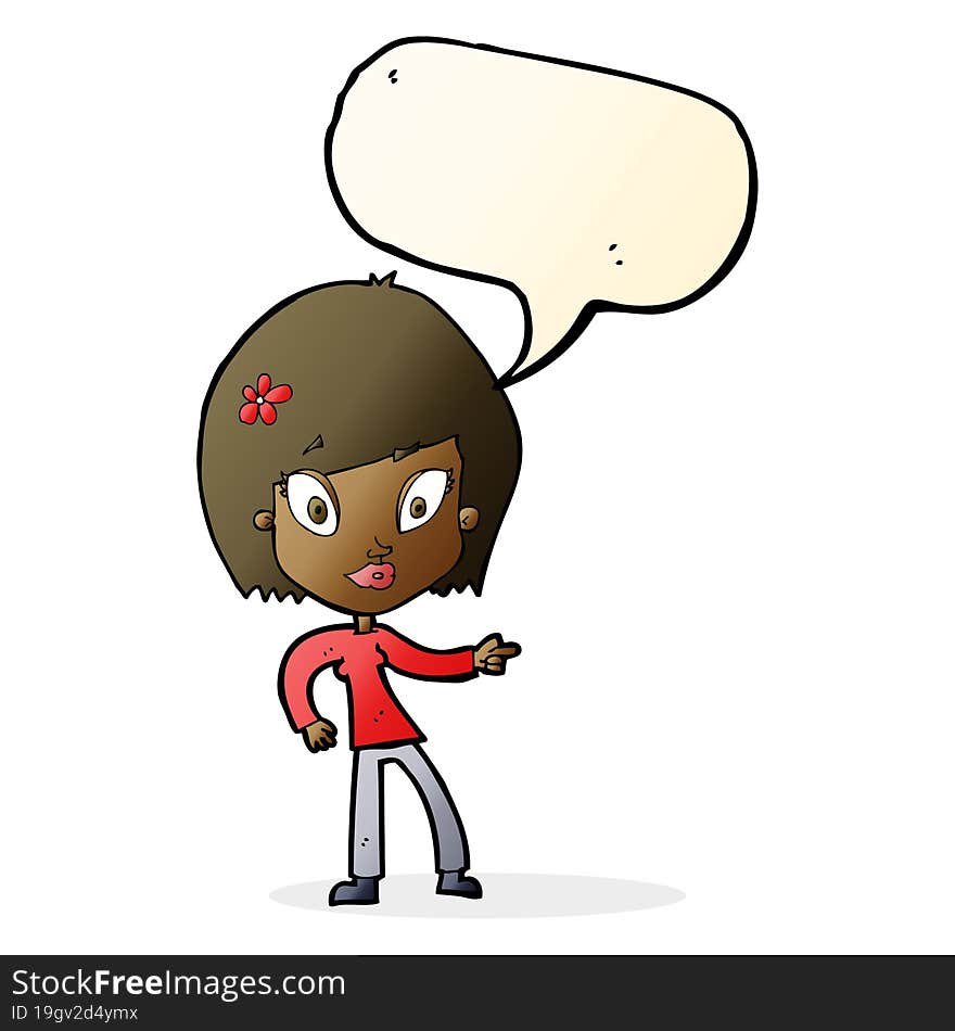 Cartoon Pretty Woman Pointing With Speech Bubble