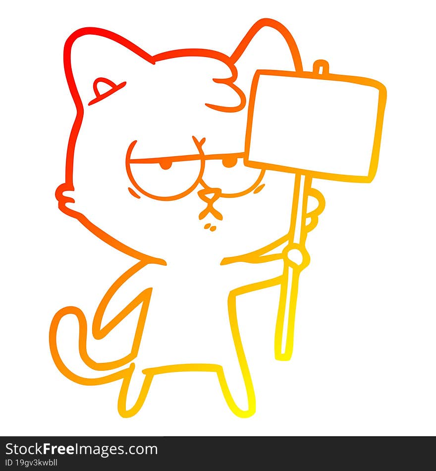 warm gradient line drawing bored cartoon cat with sign post