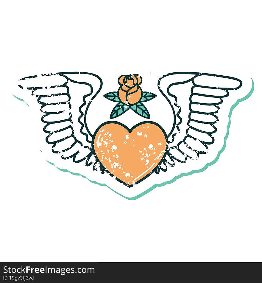 distressed sticker tattoo style icon of a heart with wings