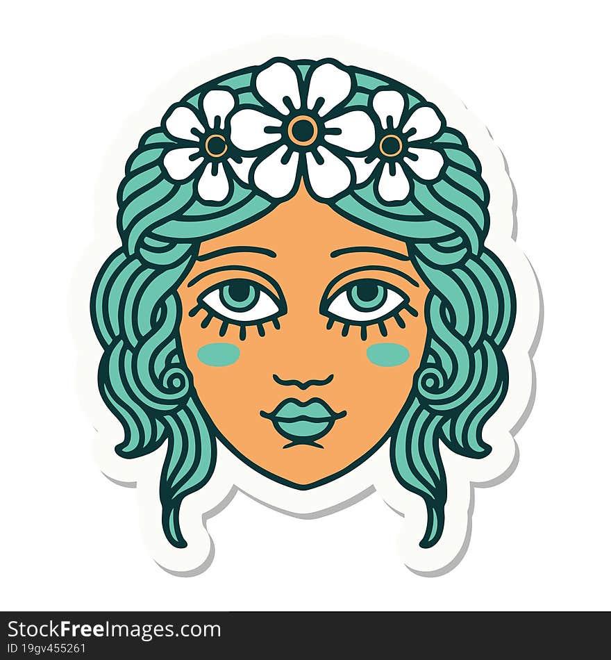 tattoo style sticker of female face with crown of flowers