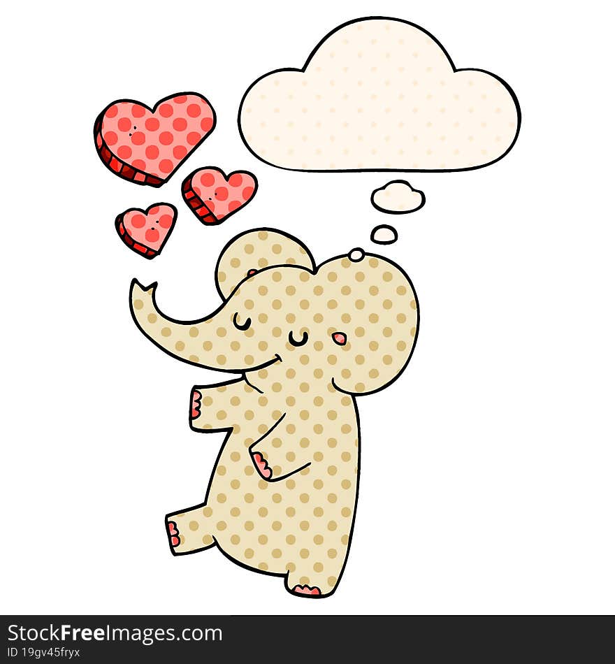 cartoon elephant with love hearts and thought bubble in comic book style