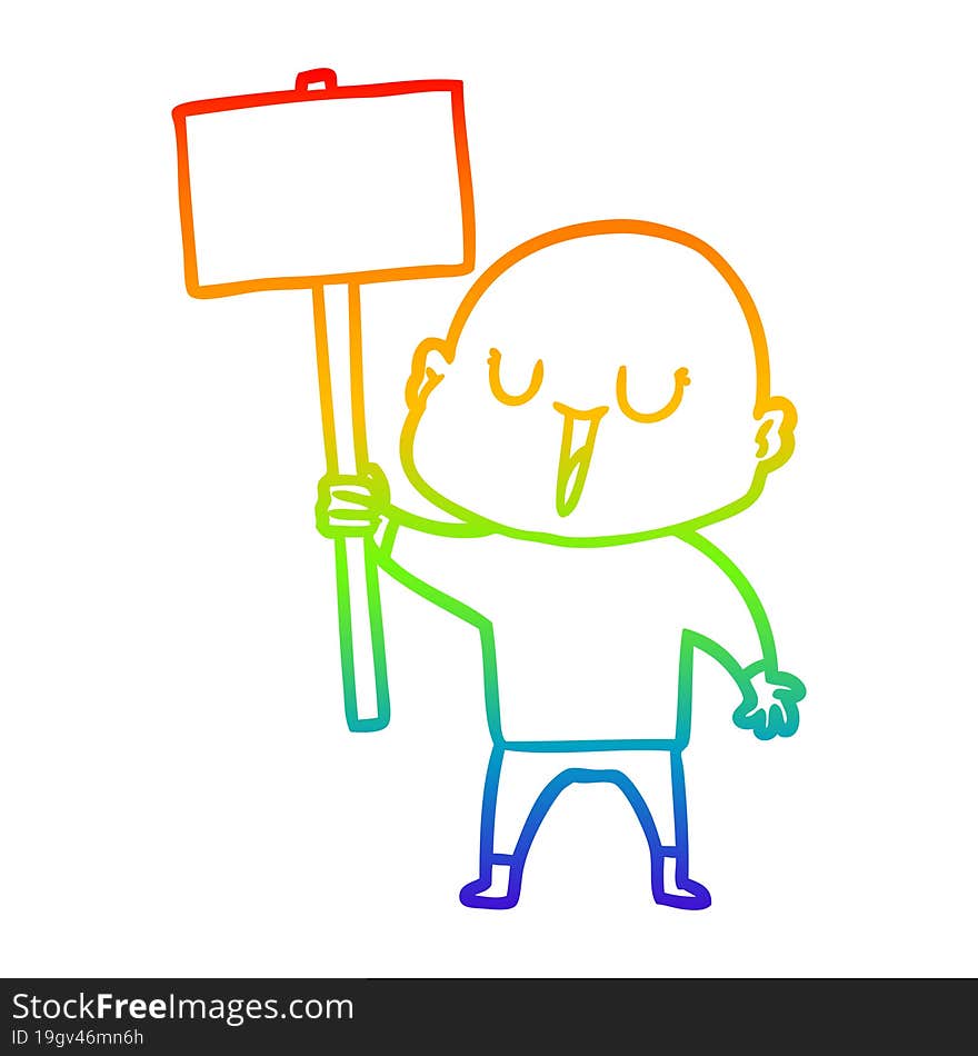 Rainbow Gradient Line Drawing Happy Cartoon Bald Man With Sign