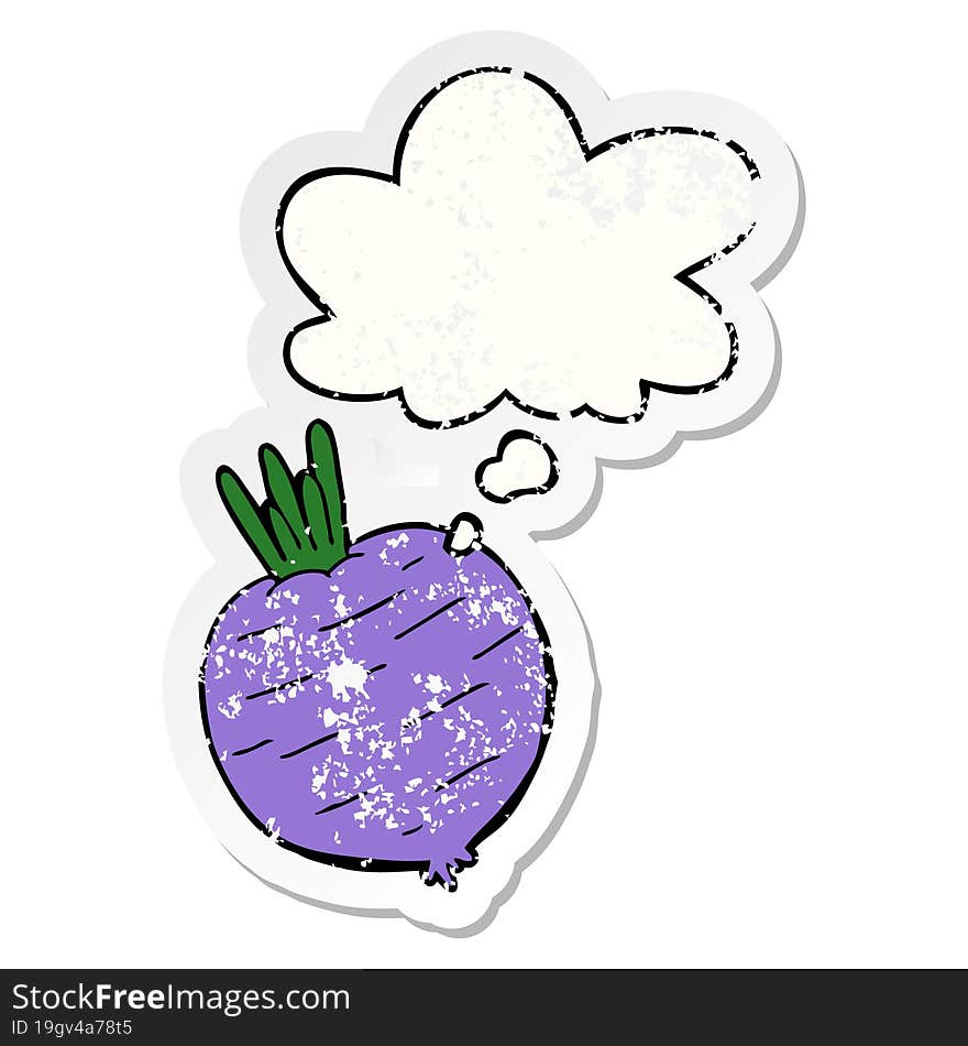 cartoon vegetable and thought bubble as a distressed worn sticker