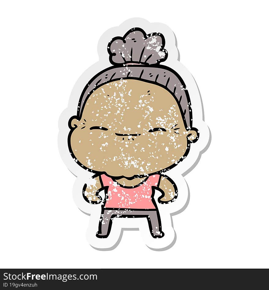 Distressed Sticker Of A Cartoon Peaceful Old Woman