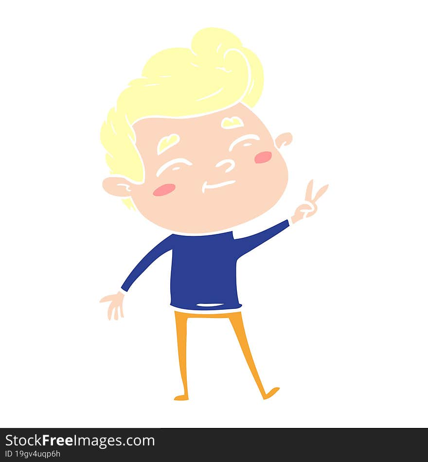 happy flat color style cartoon man giving a peace sign