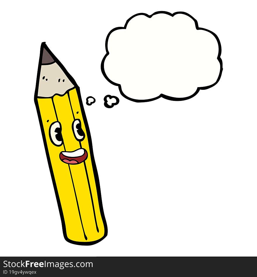 cartoon pencil with thought bubble