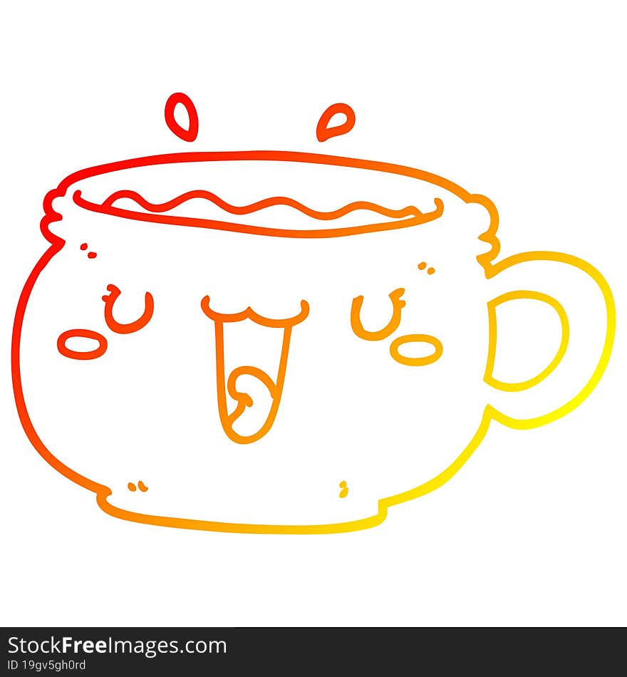 warm gradient line drawing of a cute cartoon coffee cup