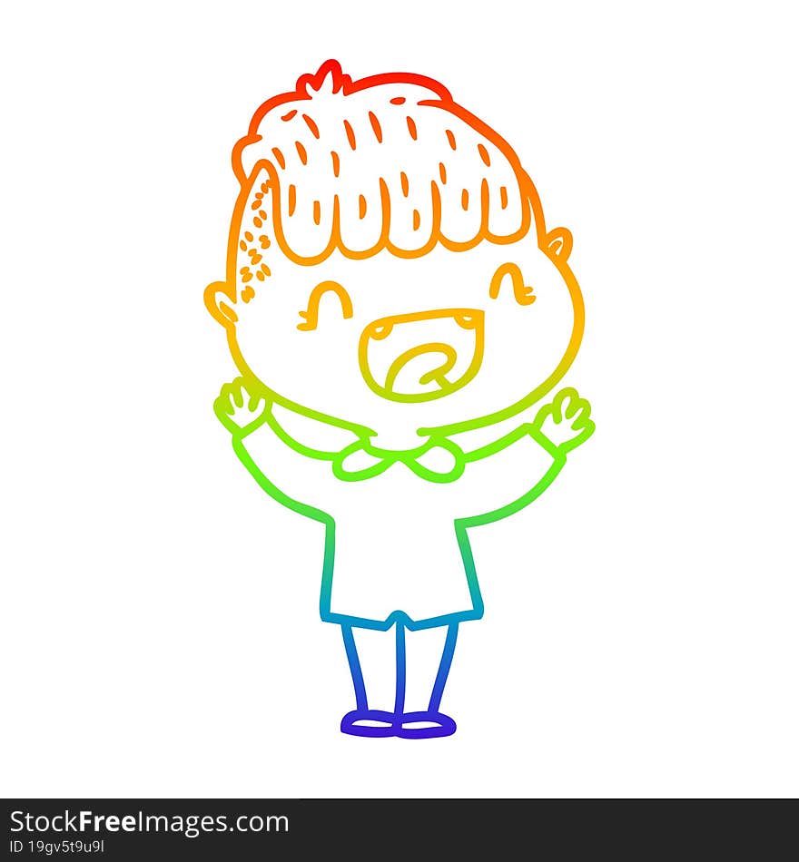 rainbow gradient line drawing of a cartoon happy boy laughing