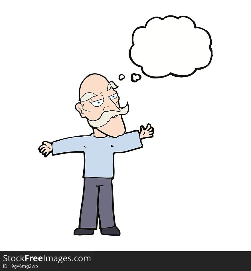 cartoon old man spreading arms wide with thought bubble