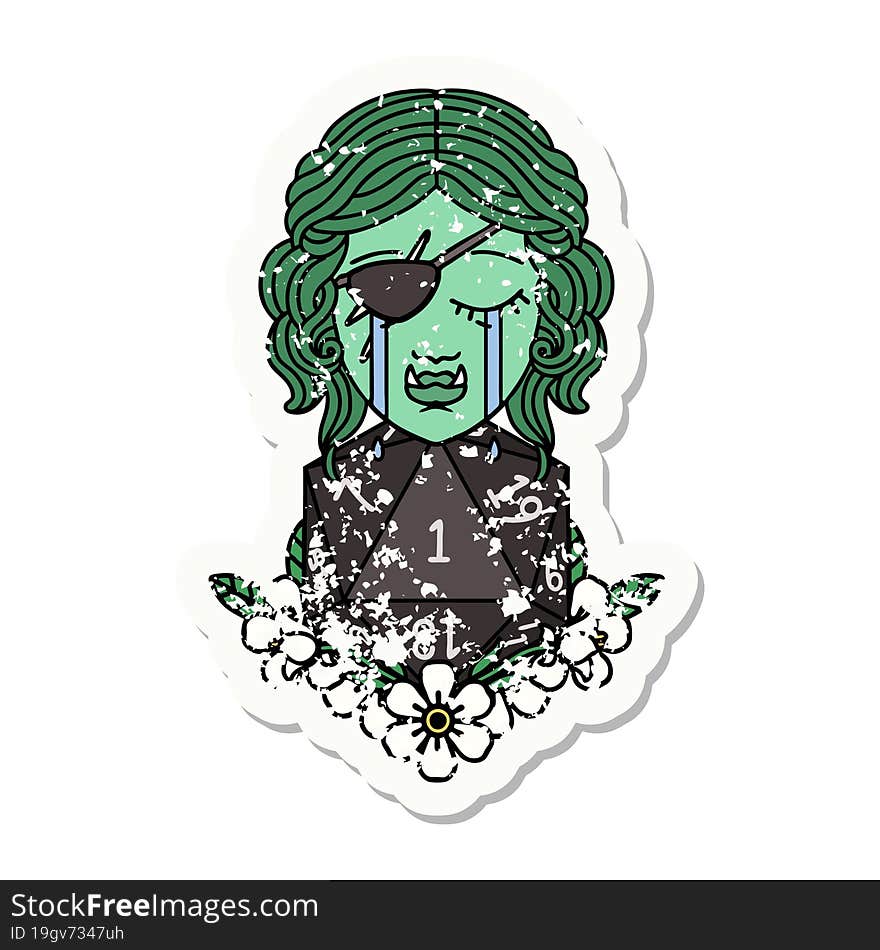 crying half orc rogue character with natural one D20 roll grunge sticker