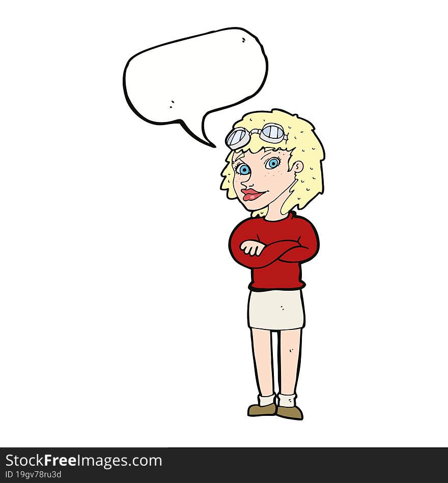 cartoon woman with crossed arms and safety goggles with speech bubble