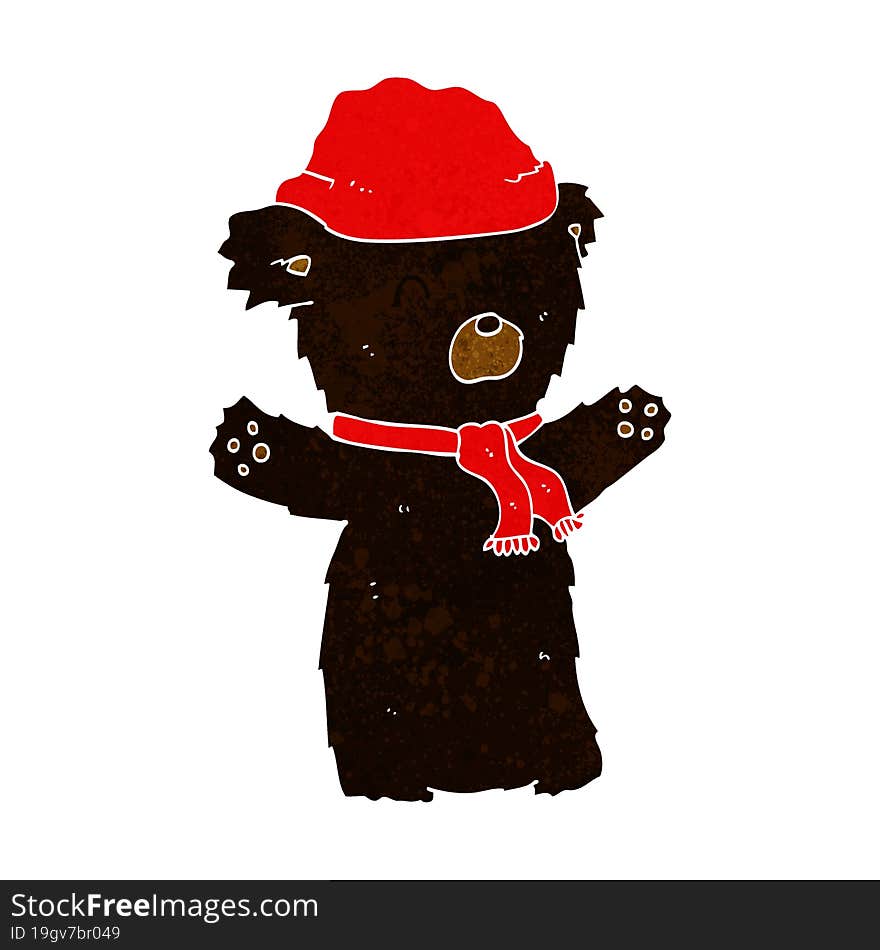 cartoon cute black bear in hat and scarf