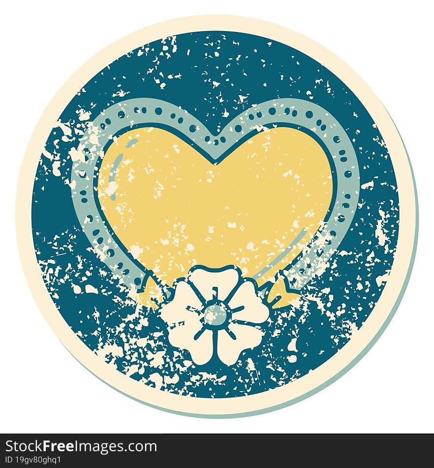 distressed sticker tattoo style icon of a heart and flower