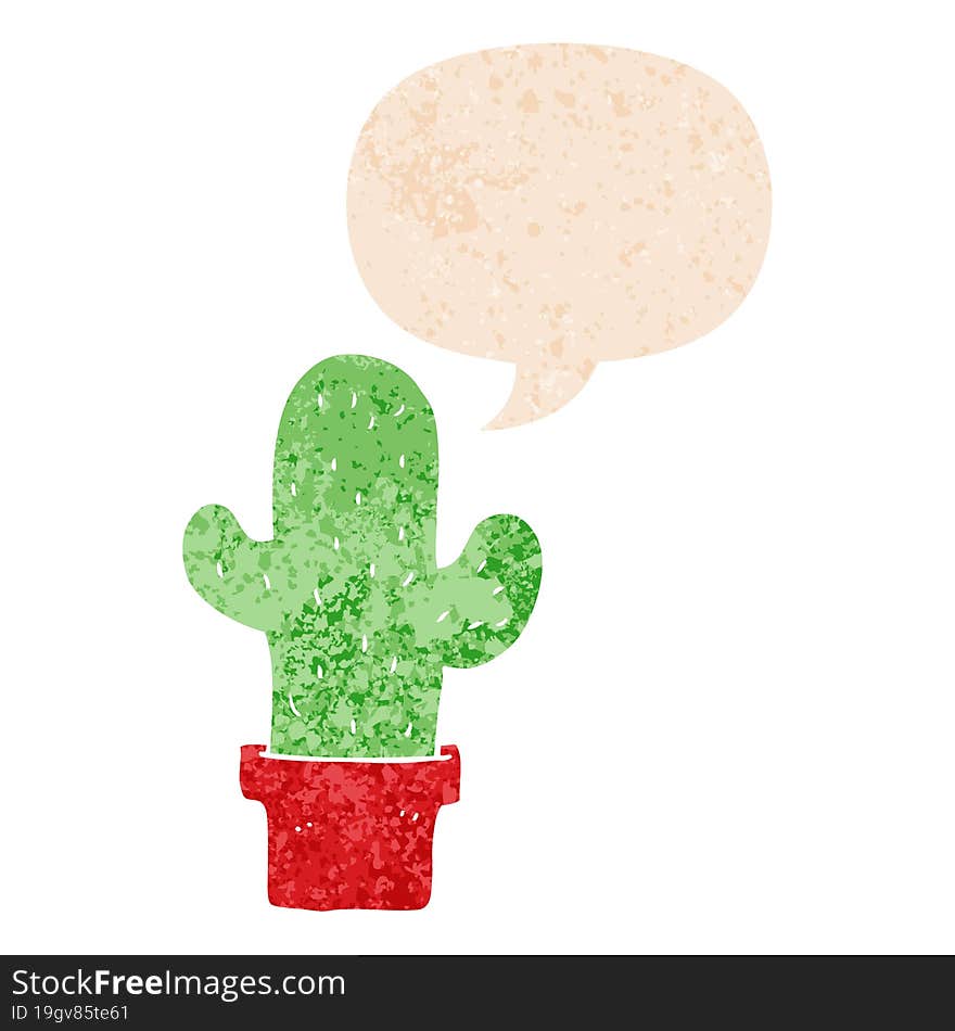 cartoon cactus and speech bubble in retro textured style