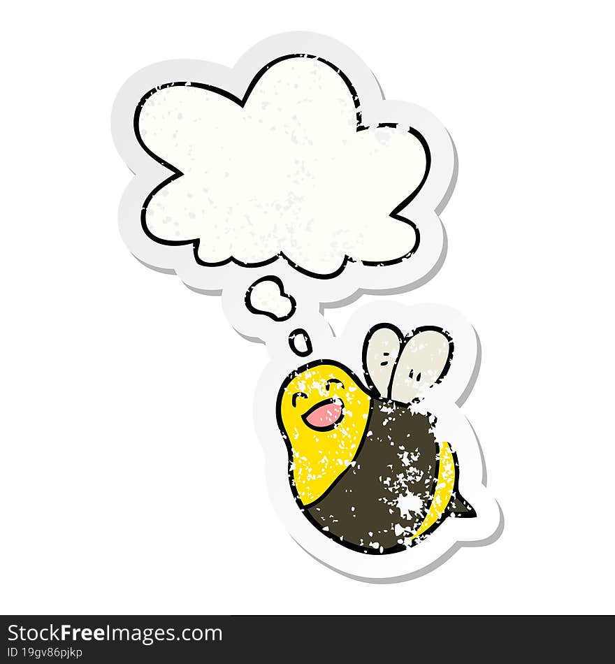 cartoon bee with thought bubble as a distressed worn sticker