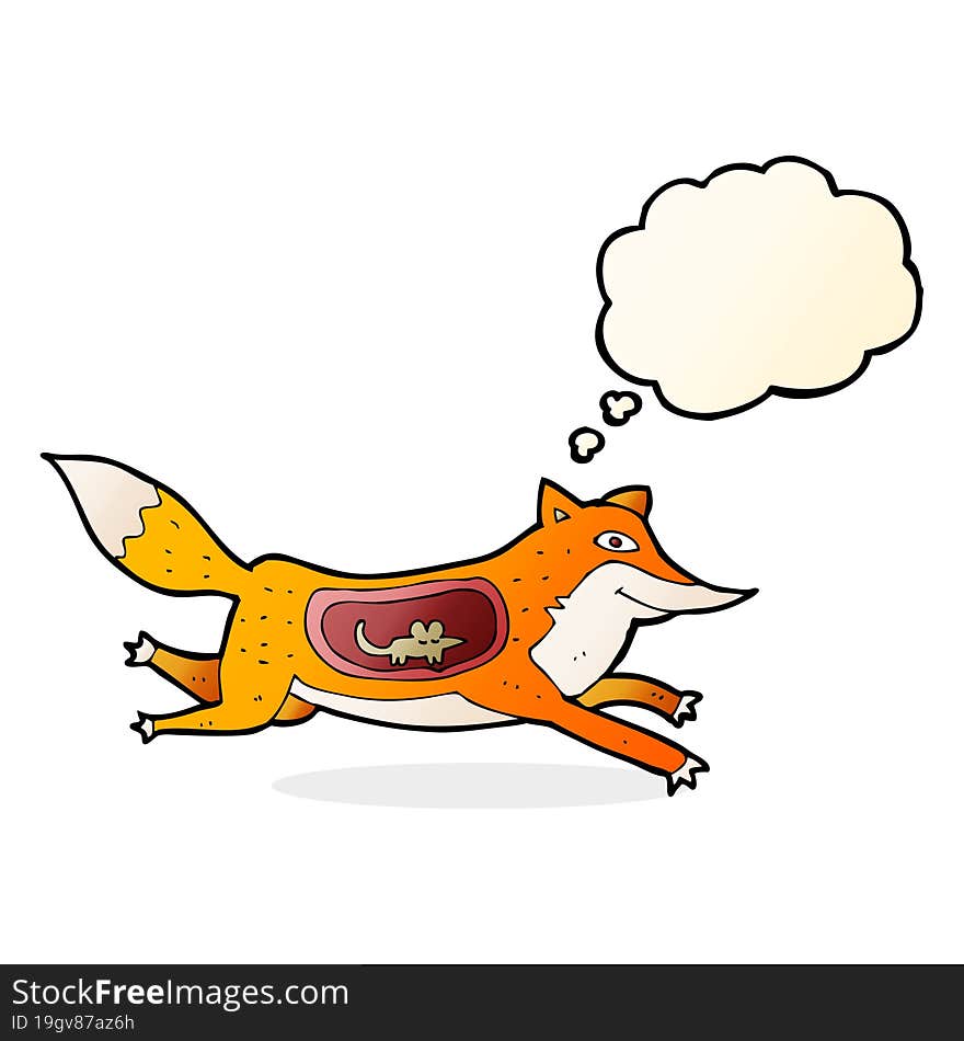 cartoon fox with mouse in belly with thought bubble