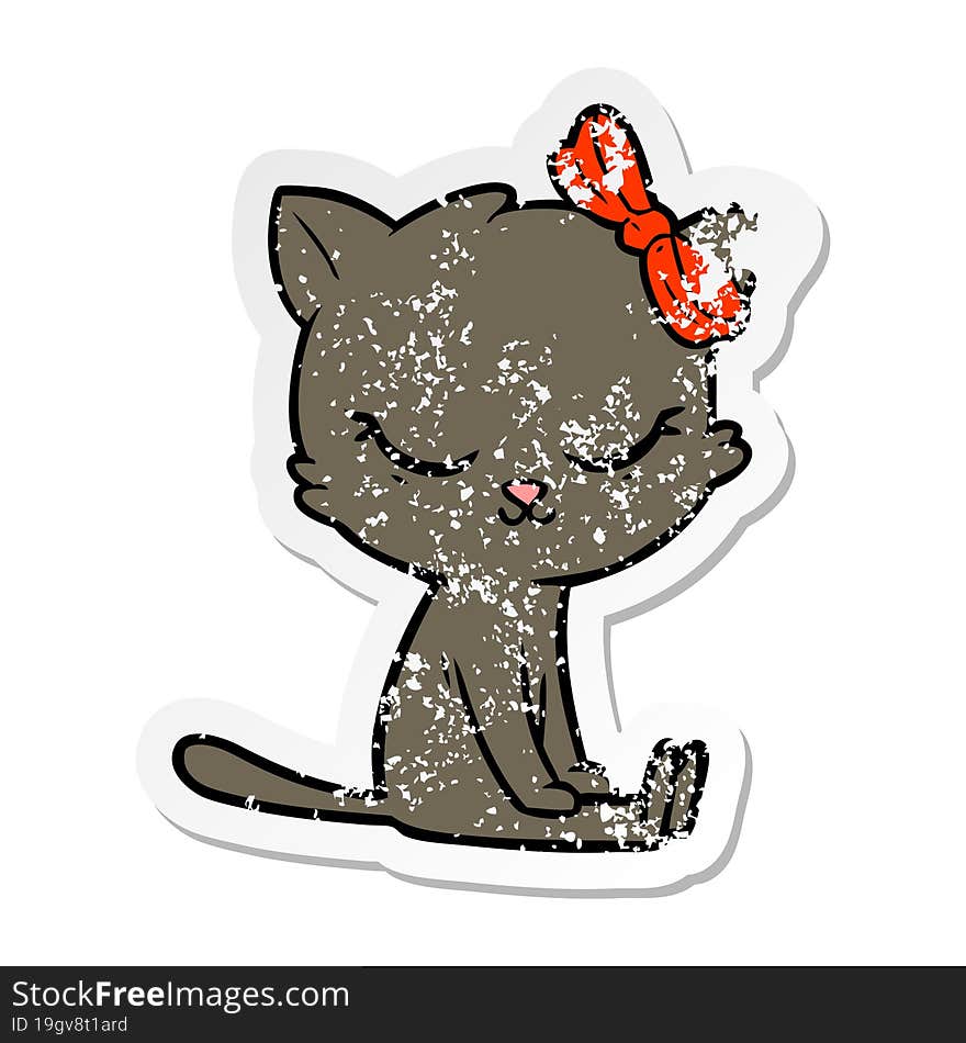 distressed sticker of a cute cartoon cat with bow