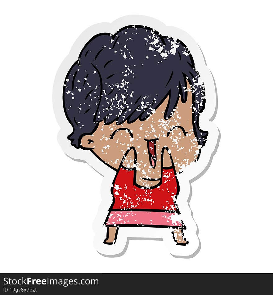 distressed sticker of a cartoon laughing woman