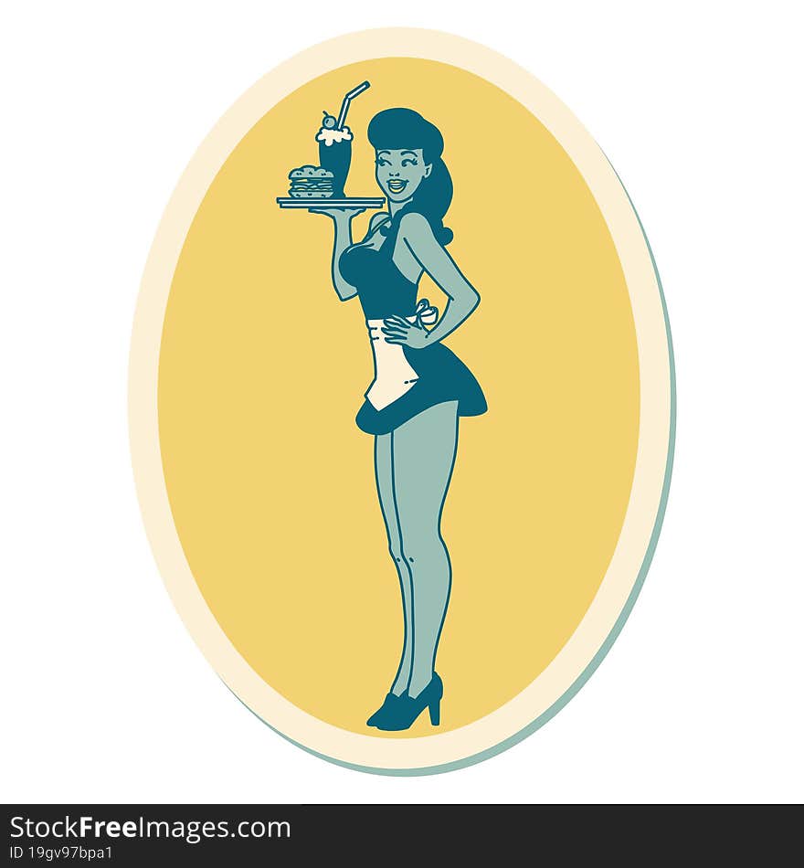 sticker of tattoo in traditional style of a pinup waitress girl. sticker of tattoo in traditional style of a pinup waitress girl