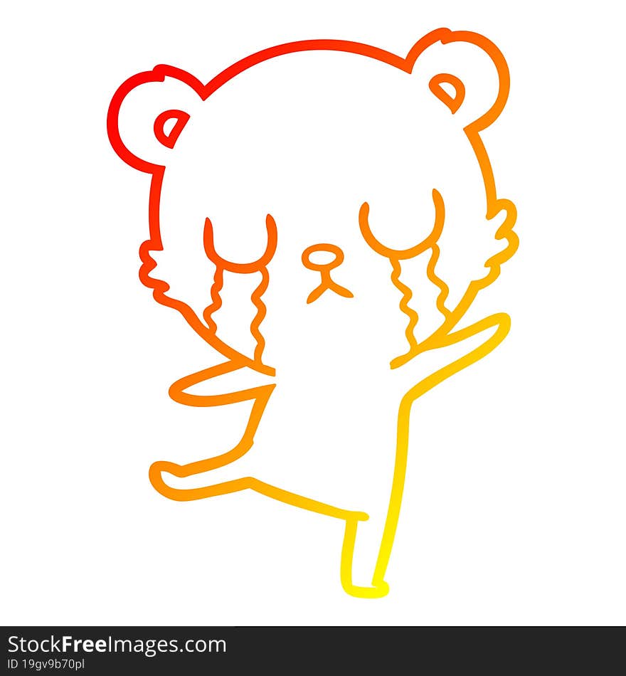 warm gradient line drawing of a crying cartoon bear doing a sad dance